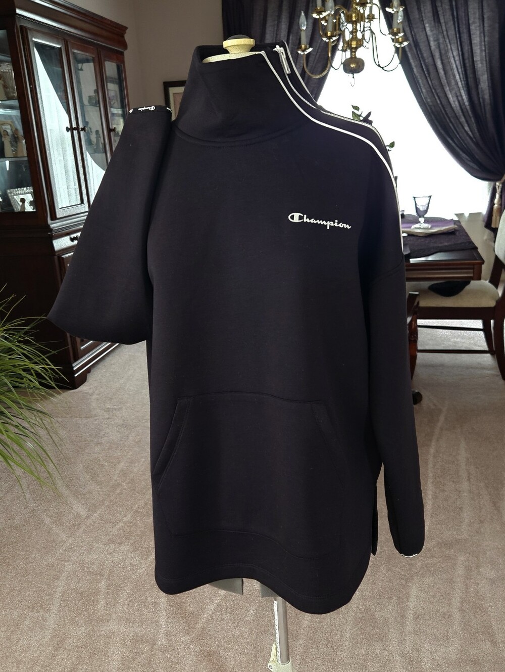 CHAMPION Women's Black Mock Turtleneck Zip Pullover with White Logo